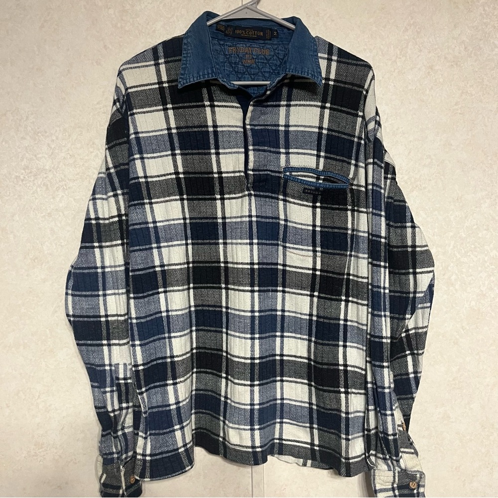 Fryday by NRK Men's Blue and White Plaid‎ Casual Vintage Shirt